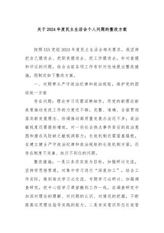 关于2024年度民主生活会个人问题的整改方案
