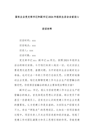 国有企业党支部书记和副书记2024年组织生活会会前谈心谈话材料