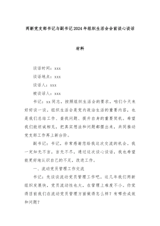 两新党支部书记与副书记2024年组织生活会会前谈心谈话材料