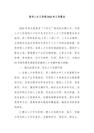 某市人才工作局2025年工作要点