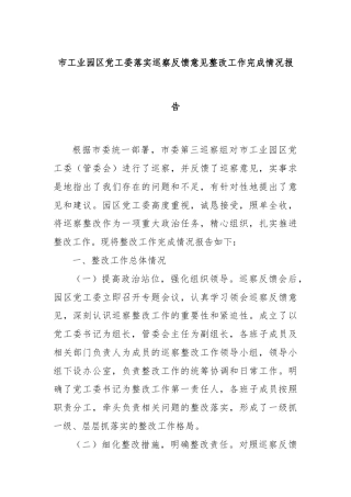 市工业园区党工委落实巡察反馈意见整改工作完成情况报告