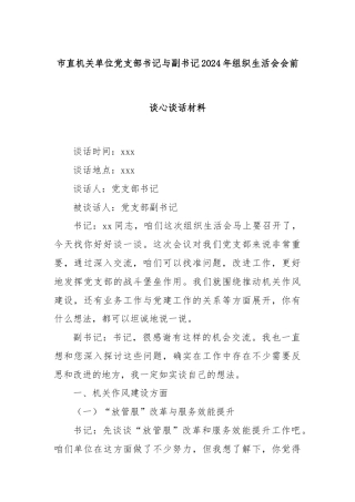 市直机关单位党支部书记与副书记2024年组织生活会会前谈心谈话材料
