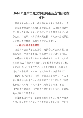 2024年度第二党支部组织生活会对照检查材料