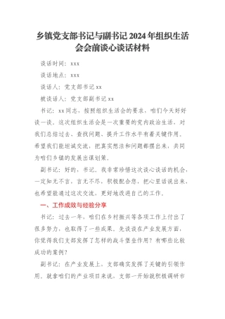 乡镇党支部书记与副书记2024年组织生活会会前谈心谈话材料
