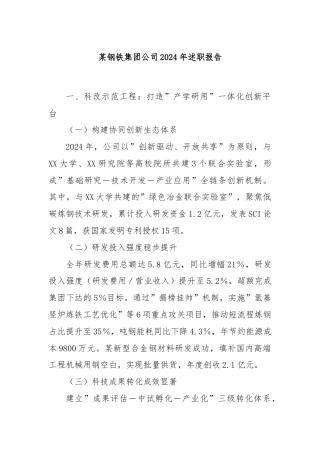 某钢铁集团公司2024年述职报告