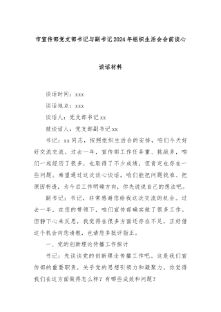 市宣传部党支部书记与副书记2024年组织生活会会前谈心谈话材料