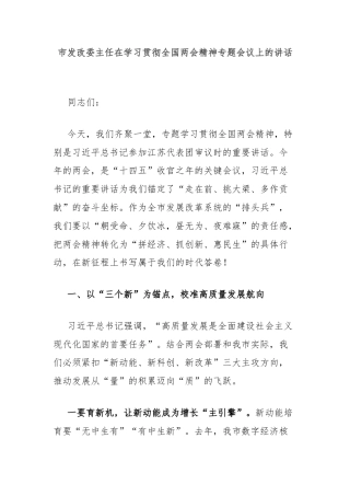 市发改委主任在学习贯彻全国两会精神专题会议上的讲话