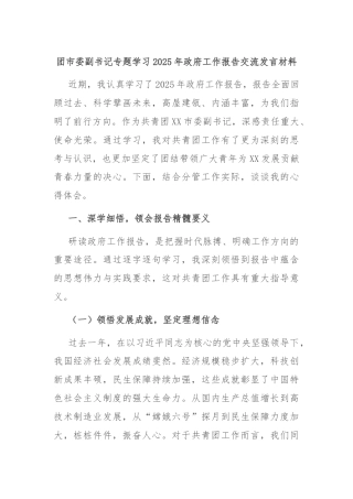团市委副书记专题学习2025年政府工作报告交流发言材料