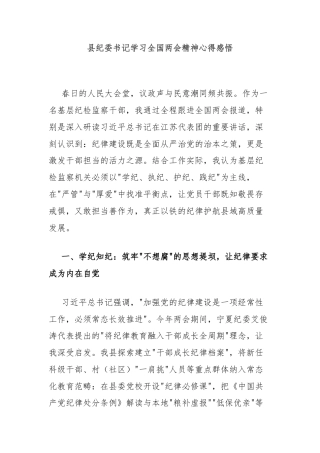 县纪委书记学习全国两会精神心得感悟