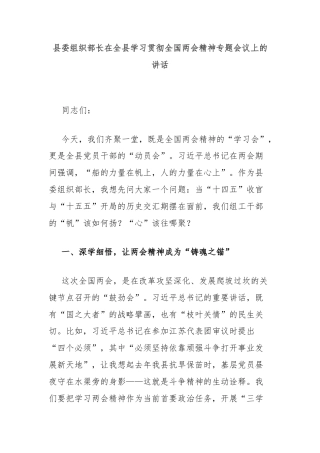 县委组织部长在全县学习贯彻全国两会精神专题会议上的讲话
