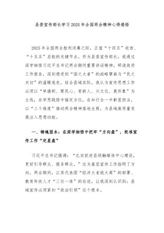 县委宣传部长学习2025年全国两会精神心得感悟