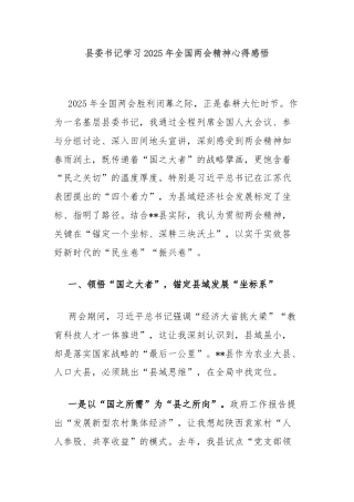 县委书记学习2025年全国两会精神心得感悟