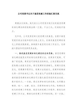 公司党委书记关于基层党建工作经验汇报交流