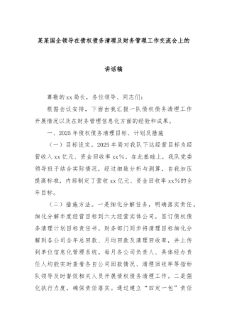 某某国企领导在债权债务清理及财务管理工作交流会上的讲话稿