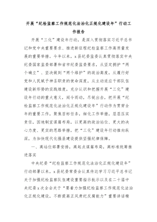 开展“纪检监察工作规范化法治化正规化建设年”行动工作报告