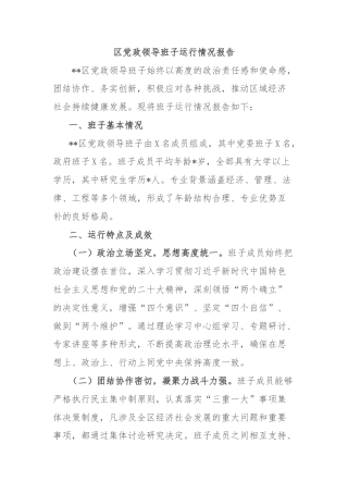 区党政领导班子运行情况报告