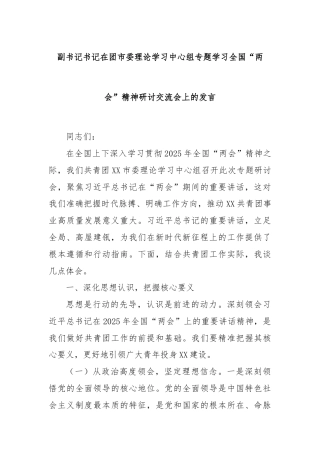 副书记书记在团市委理论学习中心组专题学习全国“两会”精神研讨交流会上的发言