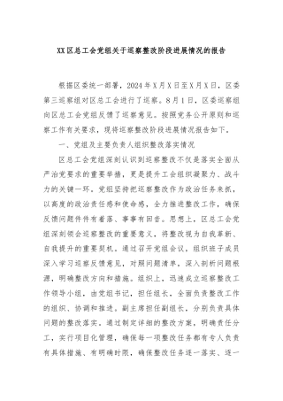 XX区总工会党组关于巡察整改阶段进展情况的报告