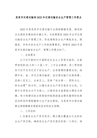 某某市交通运输局2025年交通运输安全生产管理工作要点