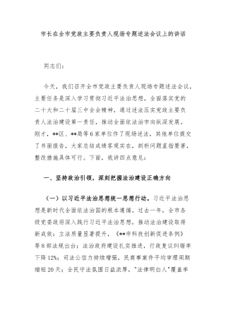 市长在全市党政主要负责人现场专题述法会议上的讲话