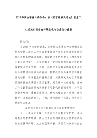 2025年两会精神心得体会：在《民营经济促进法》背景下，以党建引领营商环境优化与企业信心重塑