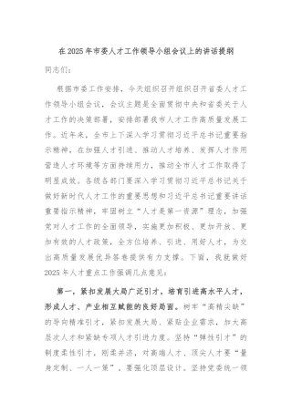 在2025年市委人才工作领导小组会议上的讲话提纲