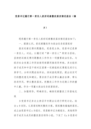 党委书记履行第一责任人抓好巡察整改落实情况报告（镇乡）