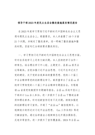 领导干部2023年度民主生活会整改措施落实情况报告（政法）