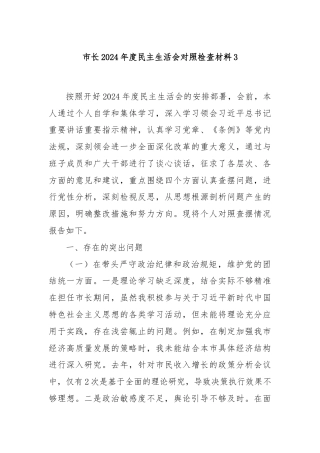 市长2024年度民主生活会对照检查材料3
