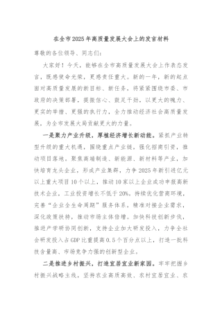 在全市2025年高质量发展大会上的发言材料
