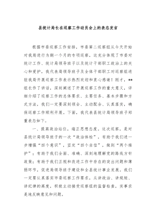县统计局长在巡察工作动员会上的表态发言