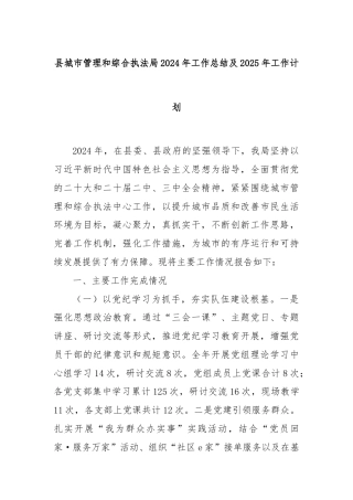 县城市管理和综合执法局2024年工作总结及2025年工作计划