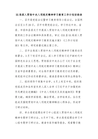 XX局深入贯彻中央八项规定精神学习教育工作计划安排表