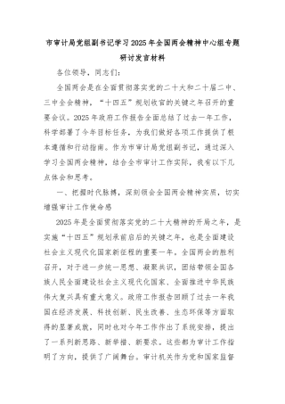 市审计局党组副书记学习2025年全国两会精神中心组专题研讨发言材料