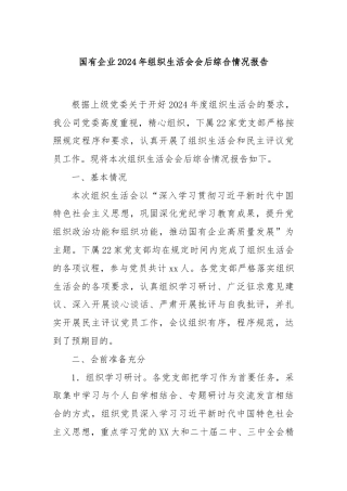 国有企业2024年组织生活会会后综合情况报告