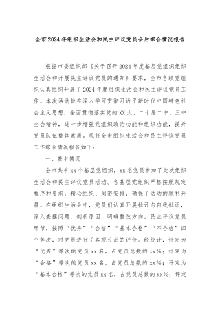 全市2024年组织生活会和民主评议党员会后综合情况报告