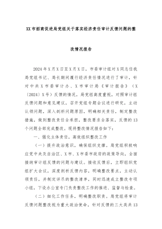 XX市招商促进局党组关于落实经济责任审计反馈问题的整改情况报告