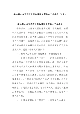 (2篇)整治群众身边不正之风和腐败问题集中工作报告