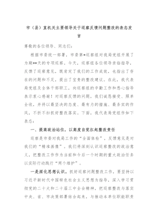 市（县）直机关主要领导关于巡察反馈问题整改的表态发言