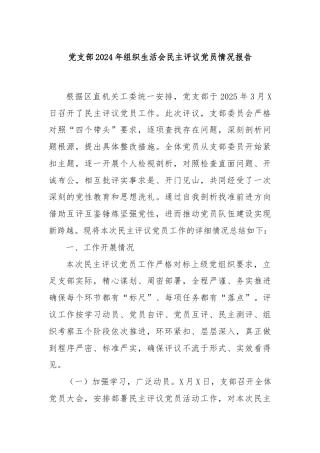 党支部2024年组织生活会民主评议党员情况报告