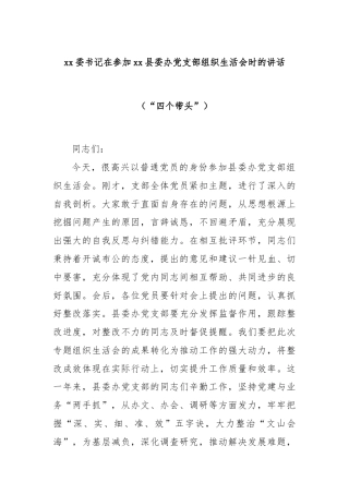 xx委书记在参加xx县委办党支部组织生活会时的讲话（“四个带头”）