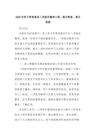 2025年学习贯彻落实八项规定精神心得：践行制度，提升效能