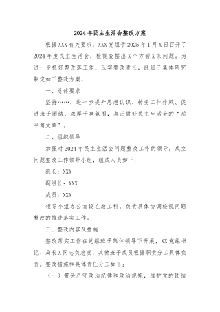 2024年民主生活会整改方案