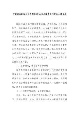 市委常务副秘书长专题学习2025年政府工作报告心得体会