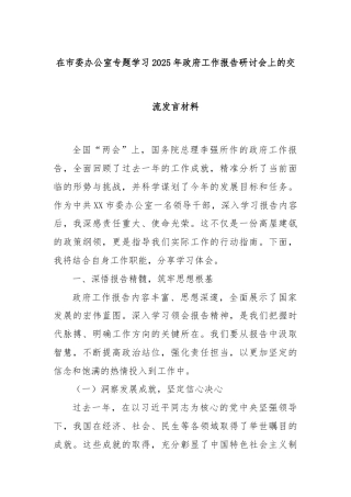 在市委办公室专题学习2025年政府工作报告研讨会上的交流发言材料