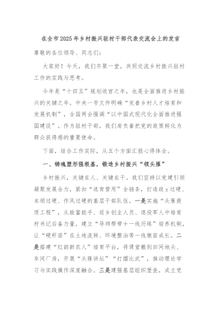 在全市2025年乡村振兴驻村干部代表交流会上的发言