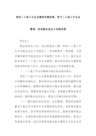 党的二十届三中全会精神专题党课：学习二十届三中全会精神，促进就业创业工作新发展
