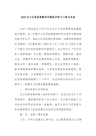 2025年X区思政课教师专题培训学习心得与总结
