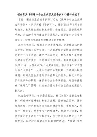 领会落实《保障中小企业款项支付条例》心得体会发言