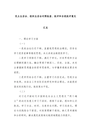 民主生活会、组织生活会对照检查、批评和自我批评意见汇总